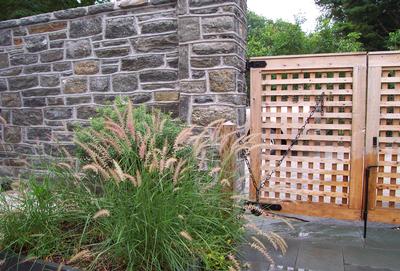 A custom cedar gate, with weighted self closure, allows entrance to an enclosed garden area. The adjacent walls were restored to their former glory complete with classically inspired ribbon jointing that matches the look of the home's exterior. Pennisetum grass lends an airy feel at the corner of the bed.